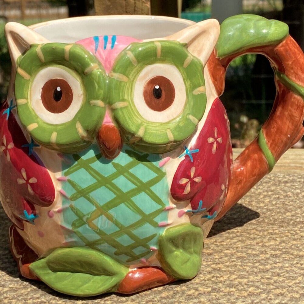 Pier One Imports Olli the Owl Bright Coffee Mug Hand Painted Dolomite Oversized - Picture 1 of 12